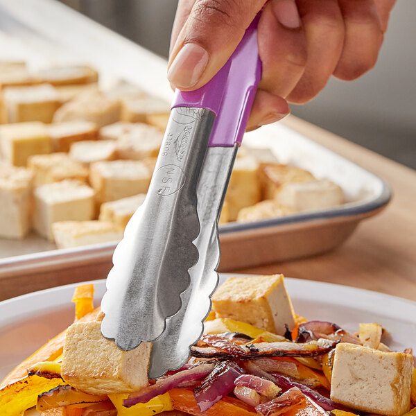 Vollrath 4780680 Jacob's Pride 6" Stainless Steel Scalloped Tongs with Purple Allergen-Free Coated Kool Touch® Handle