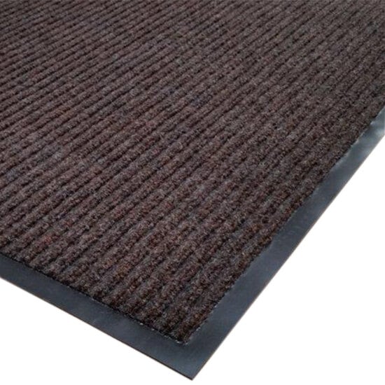 A brown needle rib carpet mat with black trim in a white background with a black corner.