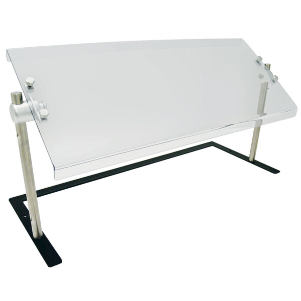 An Advance Tabco portable food shield with a black base on a table.