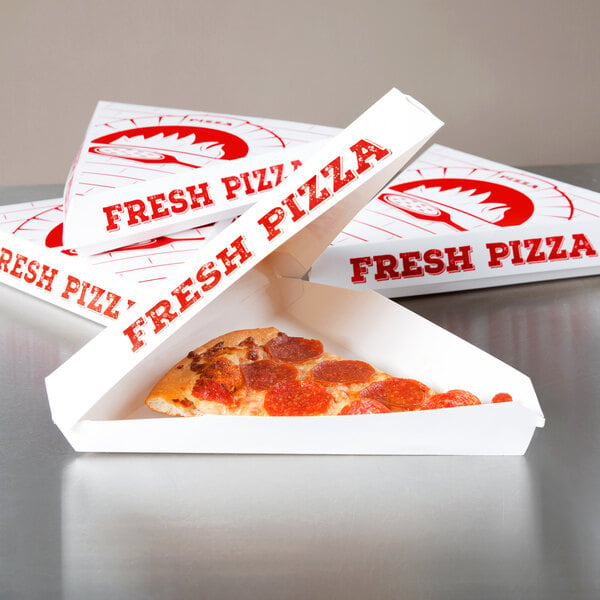 A Choice white clay coated clamshell pizza slice box with a slice of pepperoni pizza inside.