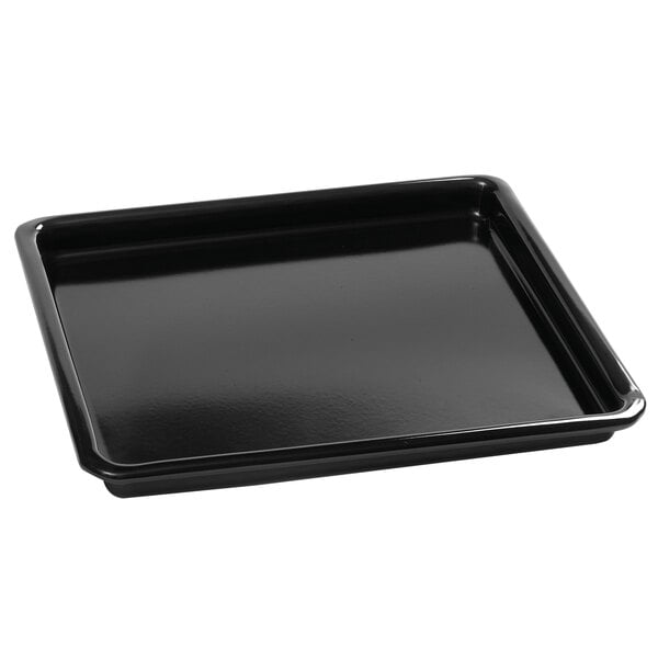 A black rectangular baking tray with a black rim.