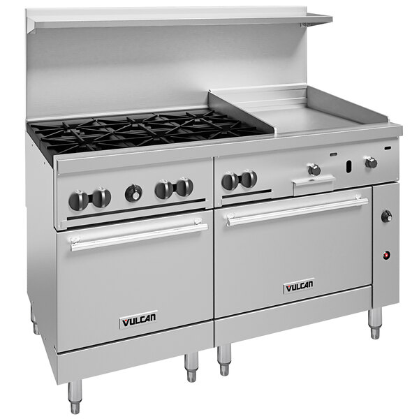 A large stainless steel Vulcan commercial gas range with 6 burners, a griddle, and 2 ovens.