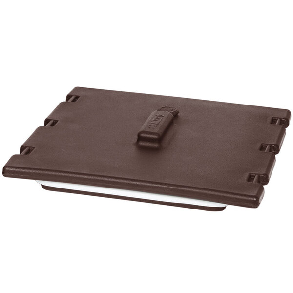 A dark brown plastic Cambro lid with a white vent and gasket.