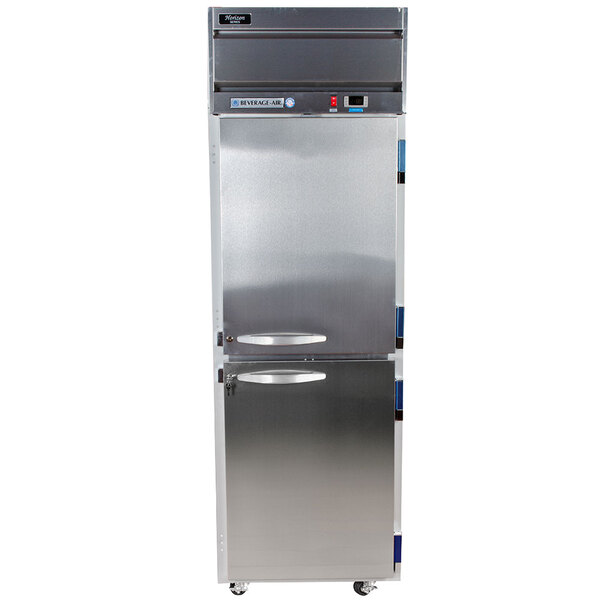 A Beverage-Air stainless steel reach-in freezer with two half doors.