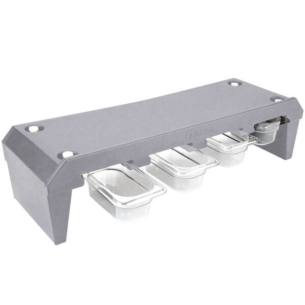 A granite gray plastic Cambar container holder with clear plastic containers inside.