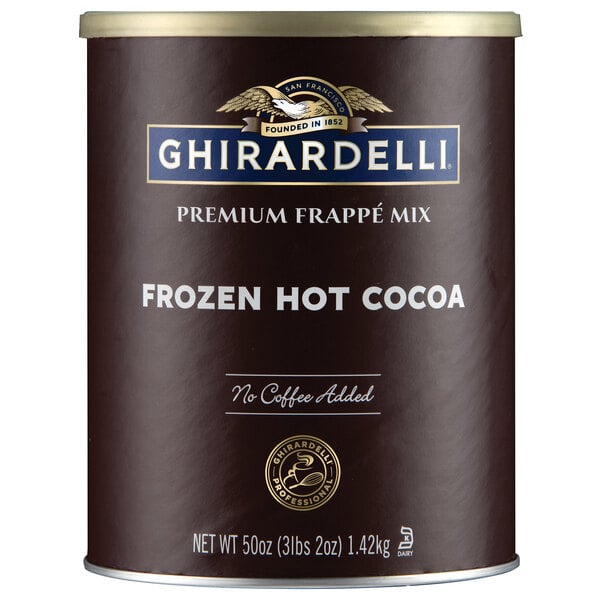 A Ghirardelli Frozen Hot Chocolate Frappe Mix label.