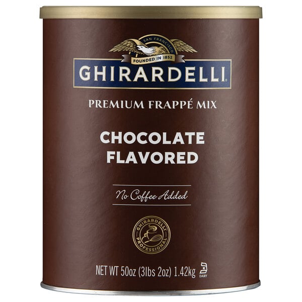 A can of Ghirardelli Chocolate Frappe Mix with a label.