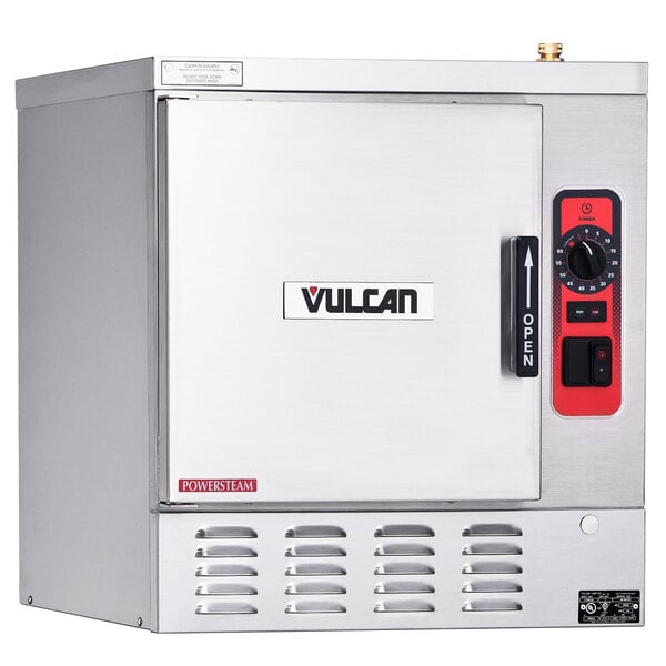 A silver rectangular Vulcan countertop convection steamer with red buttons.