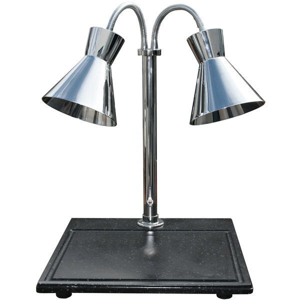 A Hanson Heat Lamps dual lamp chrome carving station on a black surface.