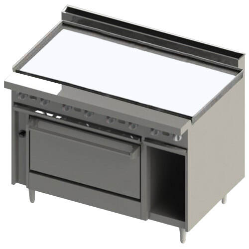 A Blodgett commercial gas range with a griddle top and convection oven.