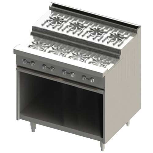 A Blodgett stainless steel natural gas range with three burners and a grill over a cabinet base.