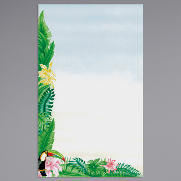 Menu paper with a white rectangular frame featuring green leaves and flowers with a yellow toucan.