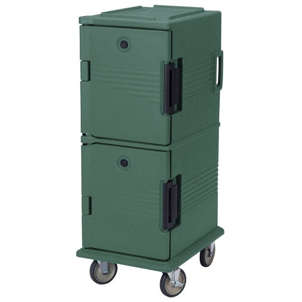 A green Cambro Ultra Camcart for food pans with heavy-duty casters.