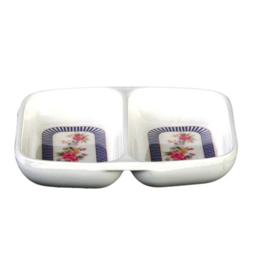 Two white rectangular Thunder Group sauce dishes with a rose design on each.