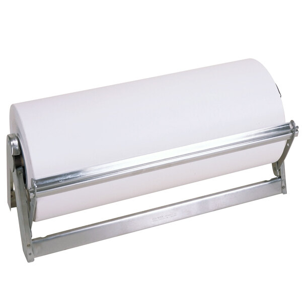 A Bulman stainless steel paper roll dispenser with serrated blade on a metal stand holding a roll of paper.