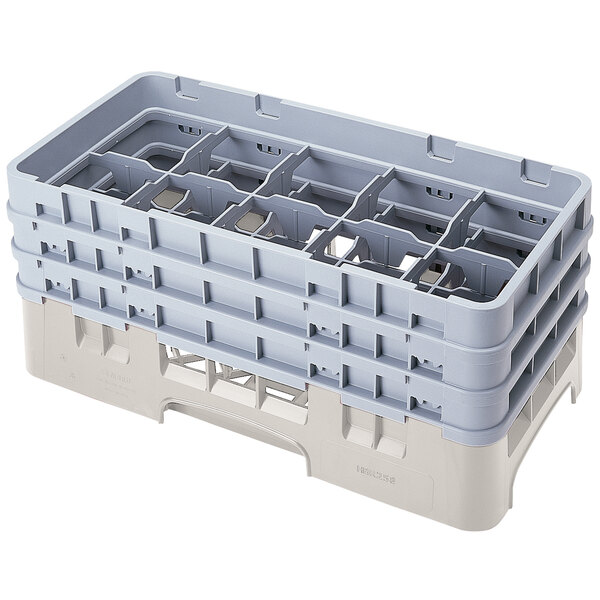A beige plastic Cambro container with 10 compartments for glassware.