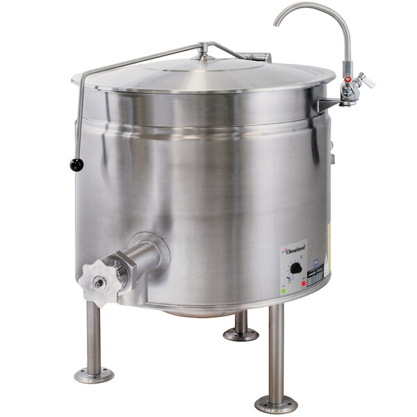 A large stainless steel Cleveland stationary steam kettle with a spout and a handle.