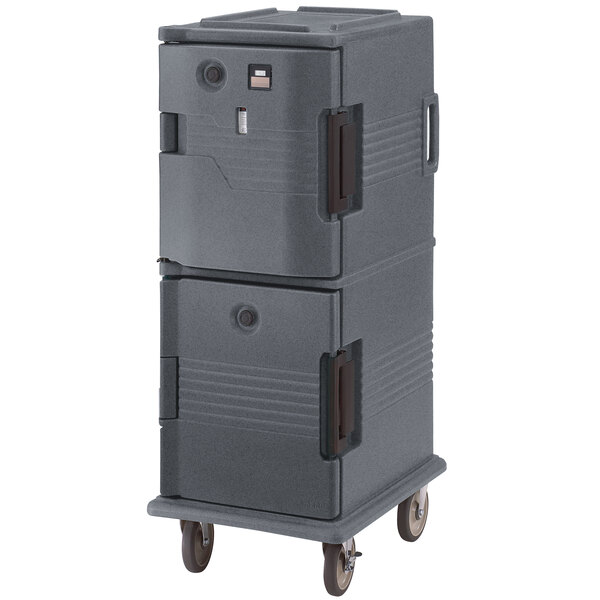 A grey plastic Cambro food holding cabinet on wheels with two doors.