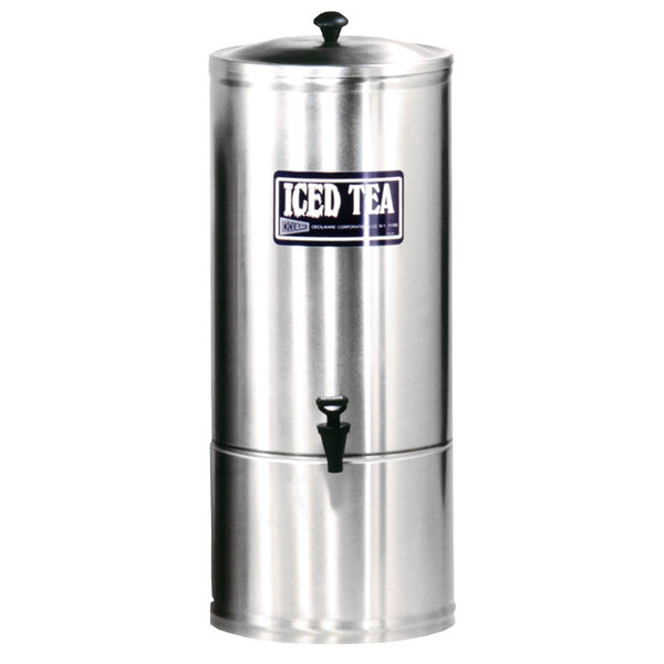 A silver Cecilware iced tea dispenser with a black lid.