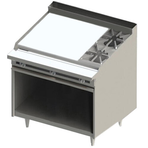 A white stove with a white cabinet base.