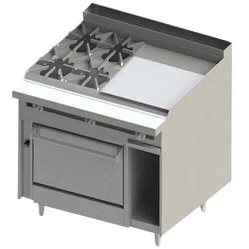 A white Blodgett commercial gas range with two burners, a griddle, and a convection oven.