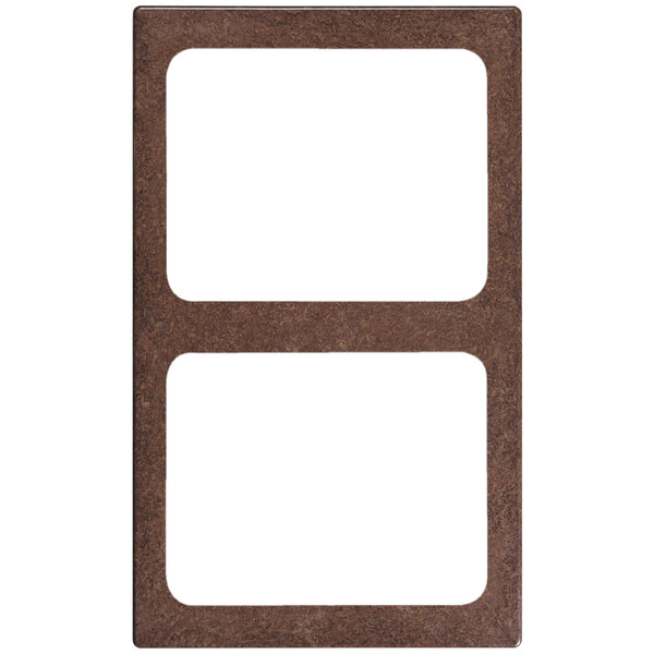 A brown rectangular frame with white rectangles surrounding two white squares.