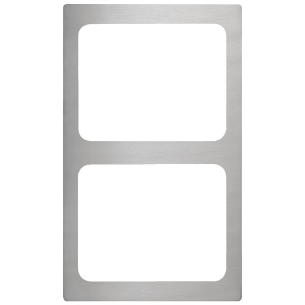 A stainless steel adapter plate with two rectangular slots.