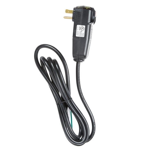 A black electrical cord with a plug and switch.