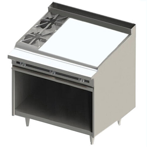 A white Blodgett cabinet base with a white Blodgett range and griddle.