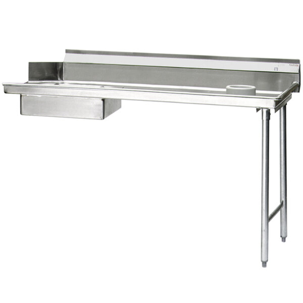 A stainless steel Eagle Group dishtable with a drain on the right side.