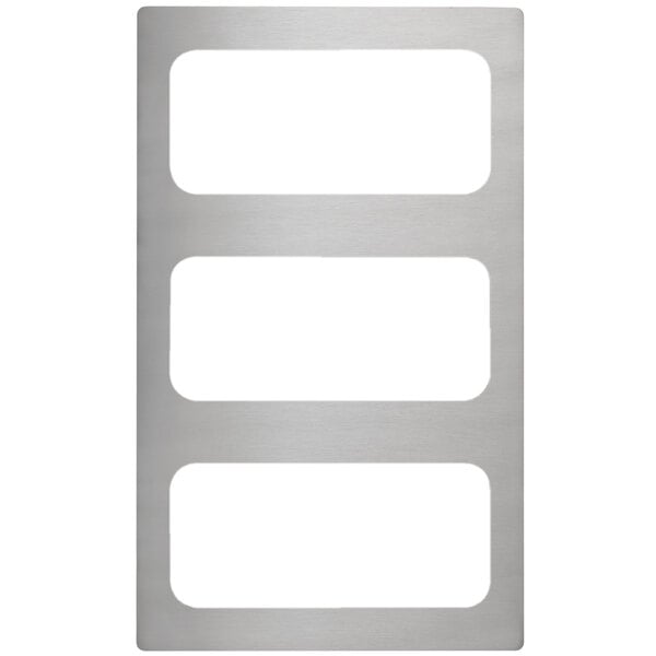 A stainless steel rectangular adapter plate with three white rectangular slots.