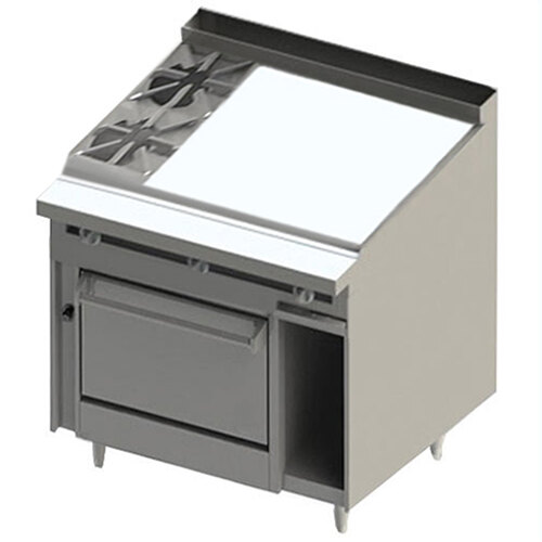 A Blodgett natural gas range with a griddle and convection oven.