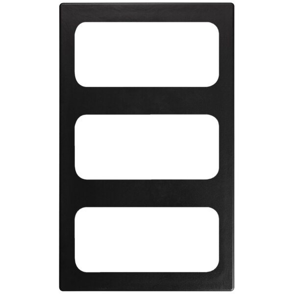 A black rectangular Vollrath Miramar adapter plate with three white rectangular slots.