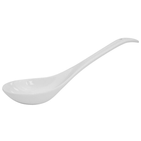 A close-up of a CAC bright white porcelain Chinese soup spoon with a long handle.