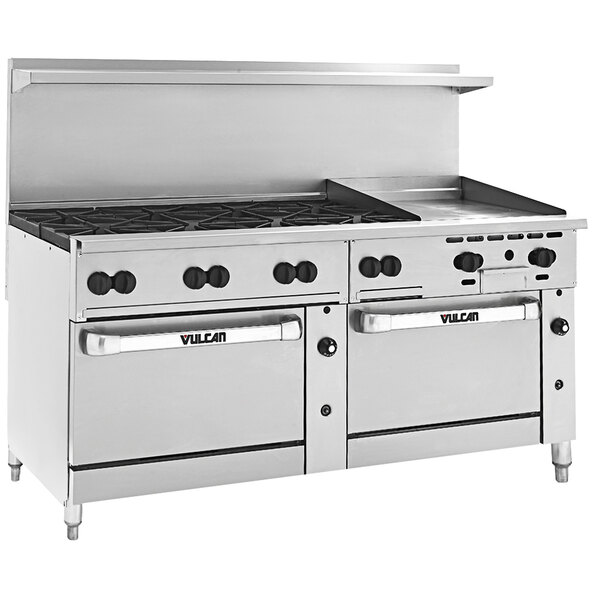 A large stainless steel Vulcan commercial gas range with 8 burners, a griddle, and 2 ovens.