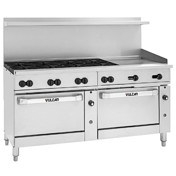 A Vulcan stainless steel 8 burner gas range with griddle and 2 ovens.