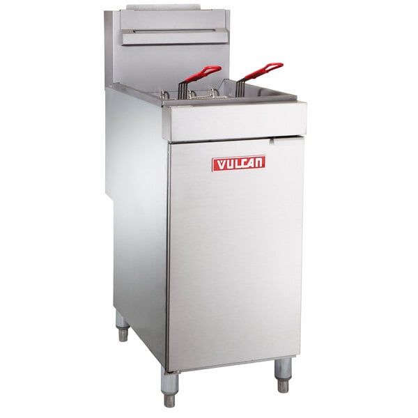 A Vulcan natural gas floor fryer with red handles.