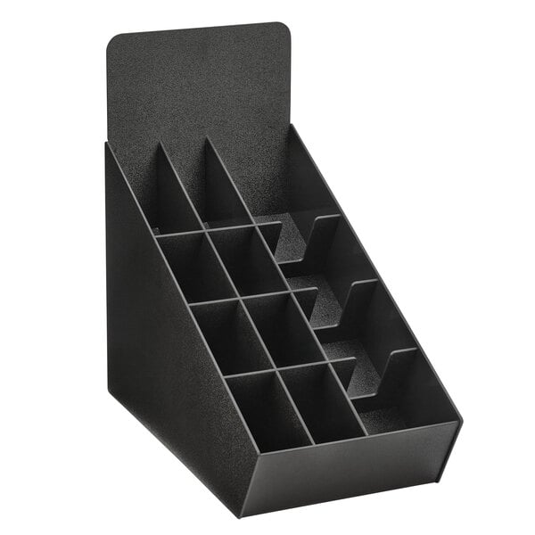 A black plastic slanted organizer with six compartments for cups and lids.