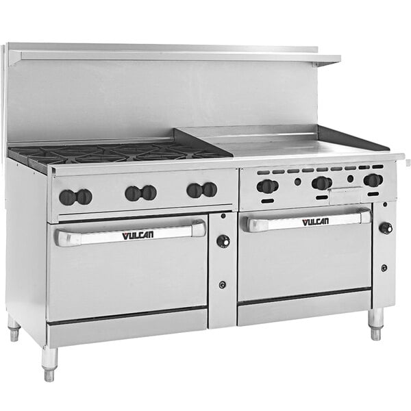 A Vulcan commercial gas range with 6 burners, a 36" griddle, and two ovens.