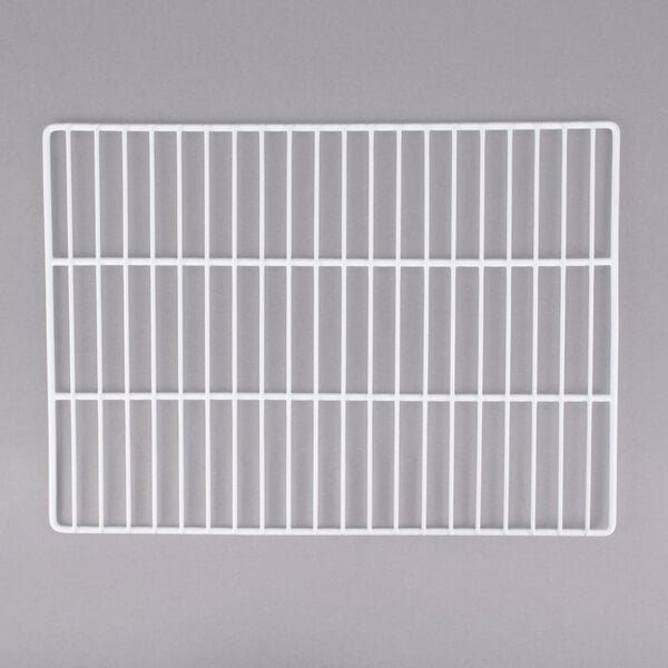 A white rectangular wire shelf with lines.
