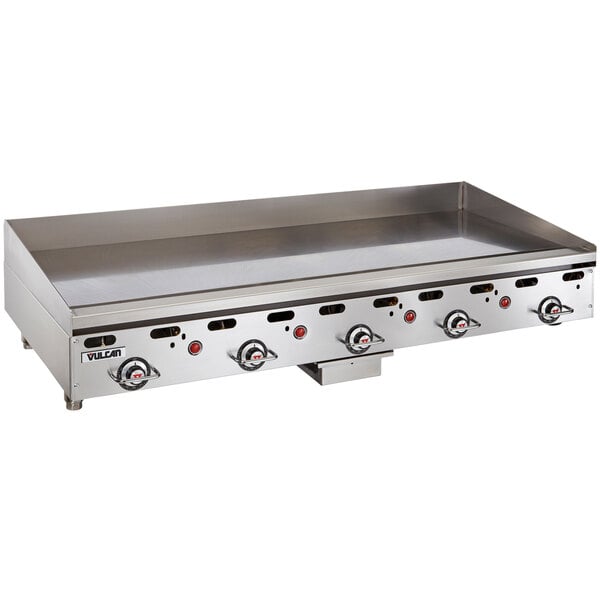 A Vulcan countertop gas griddle with thermostatic controls.