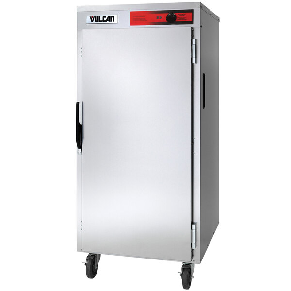 A large stainless steel Vulcan holding cabinet with wheels and doors.