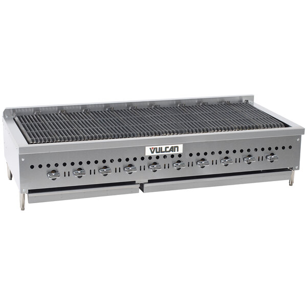 A large stainless steel Vulcan radiant charbroiler with knobs on a white background.