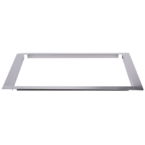 A metal frame with a white rectangular object inside.
