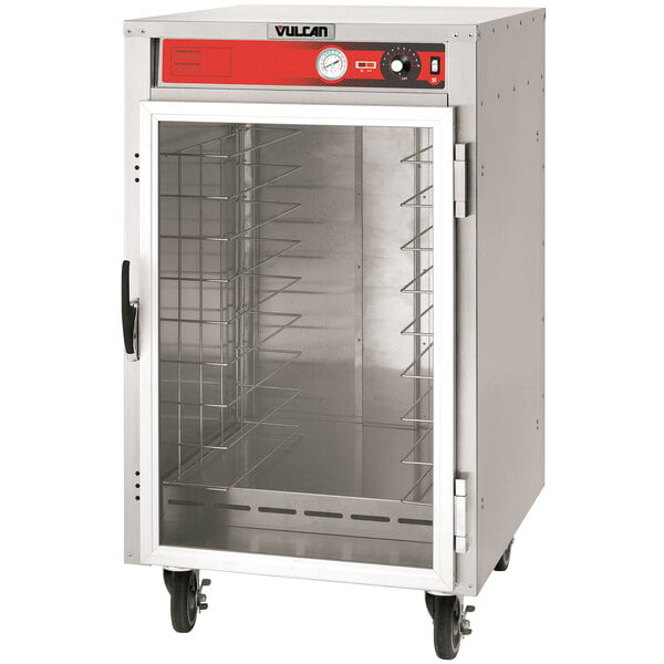 A stainless steel Vulcan holding cabinet with a glass door.