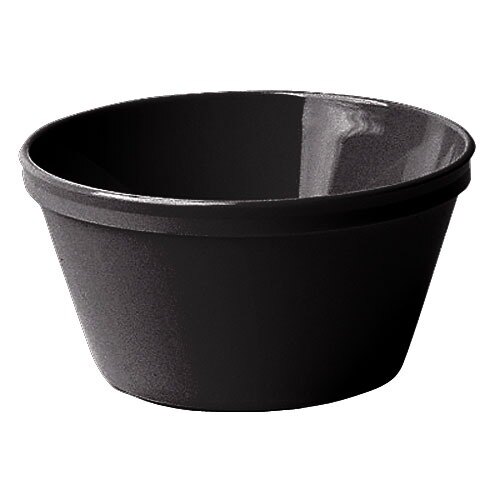 A close-up of a black Cambro polycarbonate bouillon bowl.