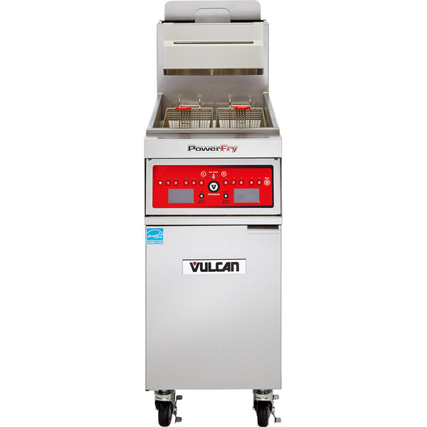 A Vulcan natural gas floor fryer with a red and black computer panel.