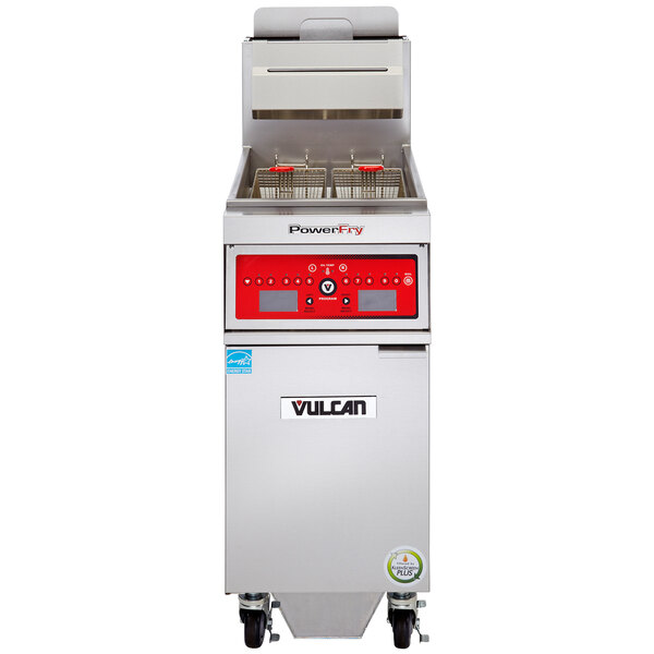 A Vulcan gas floor fryer with a red panel and buttons.