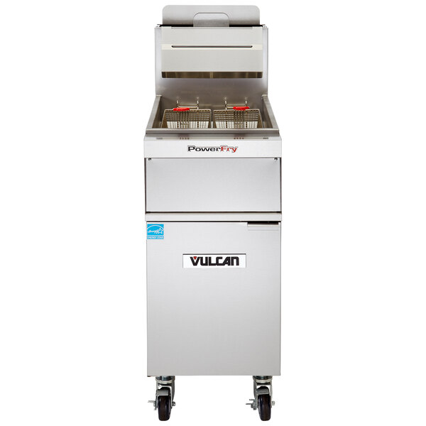 A large Vulcan gas floor fryer with solid state analog controls.