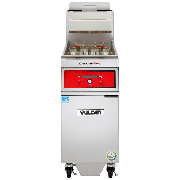 A large Vulcan commercial floor fryer with red and black digital controls.